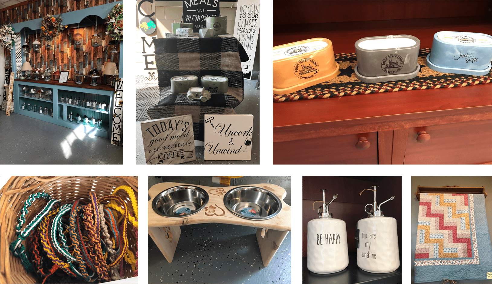 A collage of various products sold by Foggy River Candle.