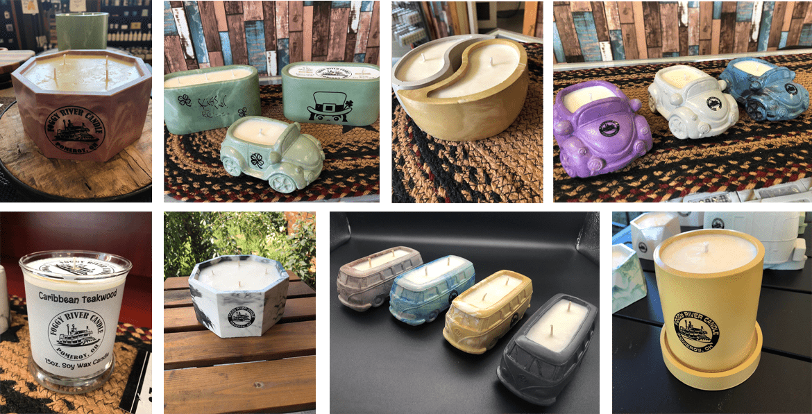 A collage of various candles sold by Foggy River Candle